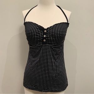 Polka dot Tankini Halter Top with Removable Straps, Black White Size Large